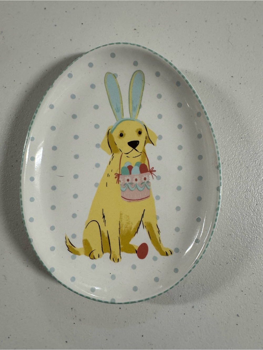 222 Fifth Yellow Dog Easter Pet Plate with Blue Accents